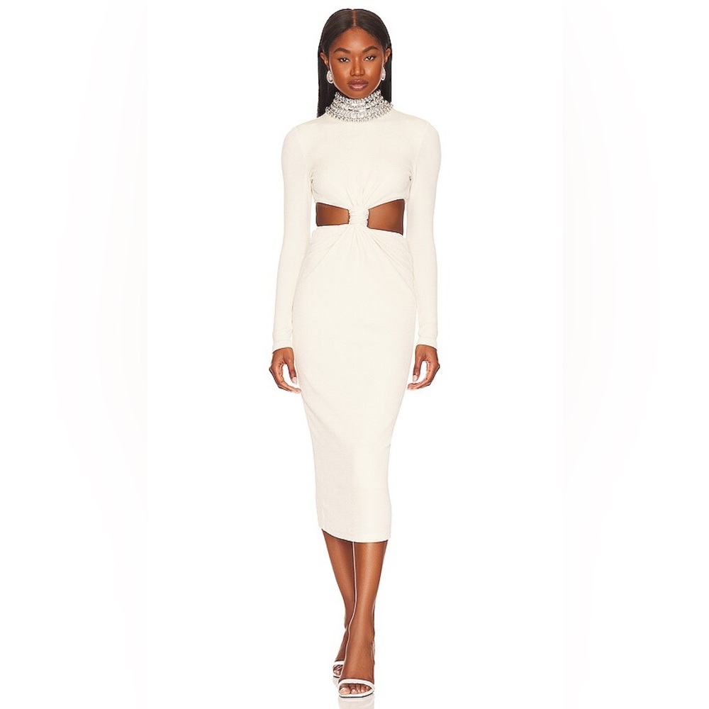 PatBO Cream Knit Midi Dress with Embellished Collar